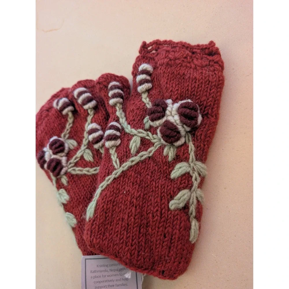 Paths of the Spirit Fingerless Gloves Red Wool Floral Knit Fair Trade Holidays